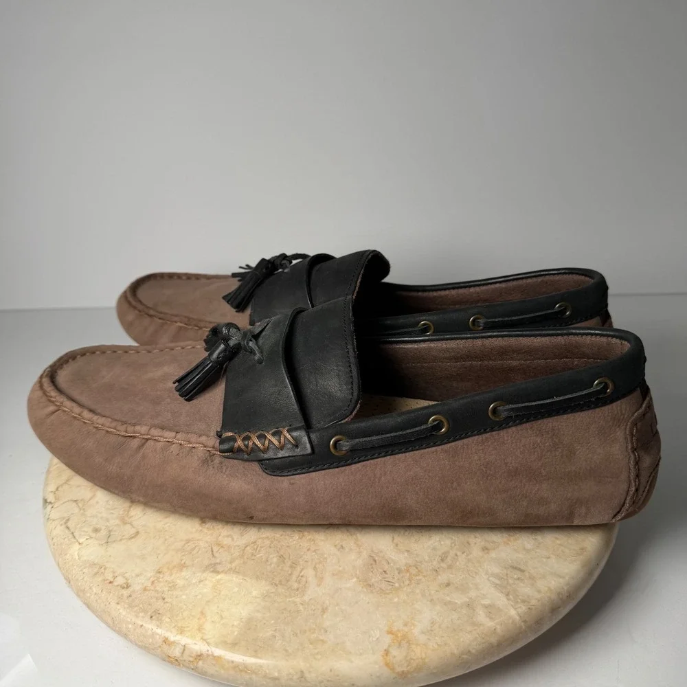 UGG Chester Tassel Loafers 11.5 Brown Black Leather Suede Moccasins 1010139